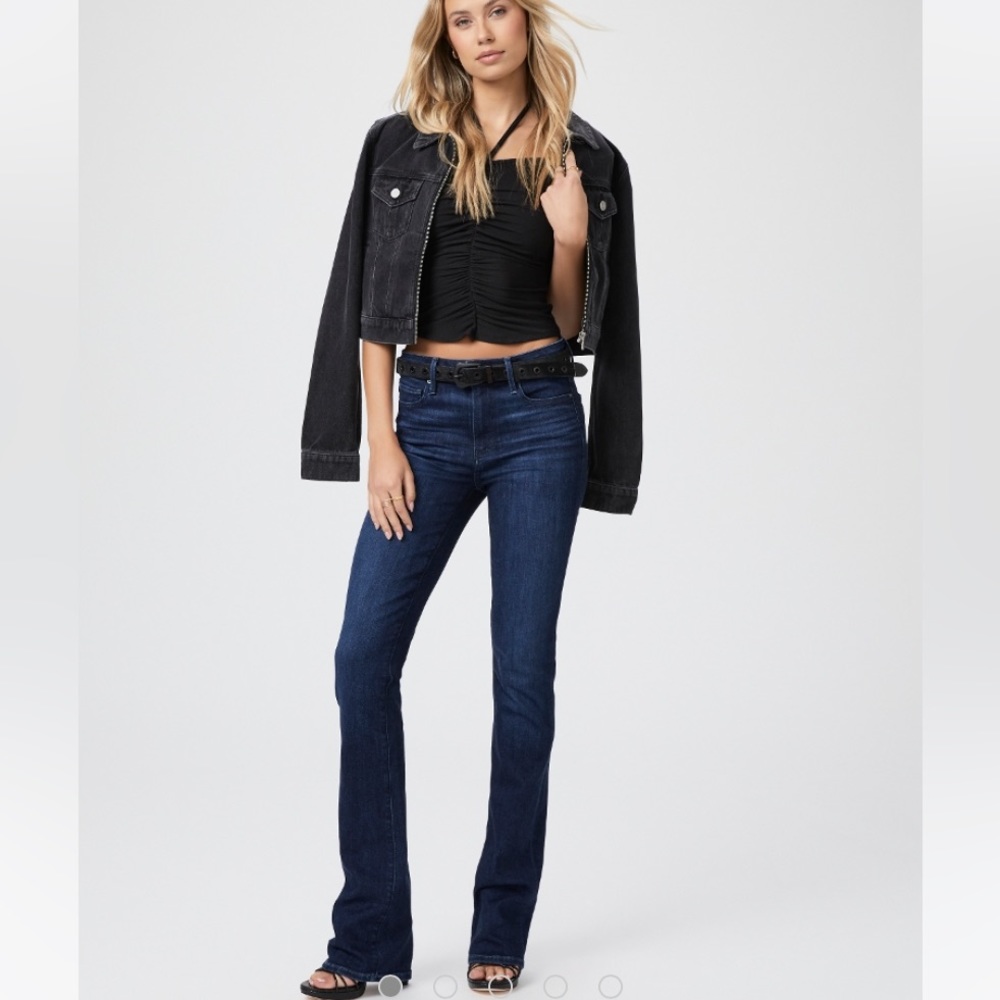 PAIGE British flag from Neiman’s stretchy Manhattan dark blue jeans